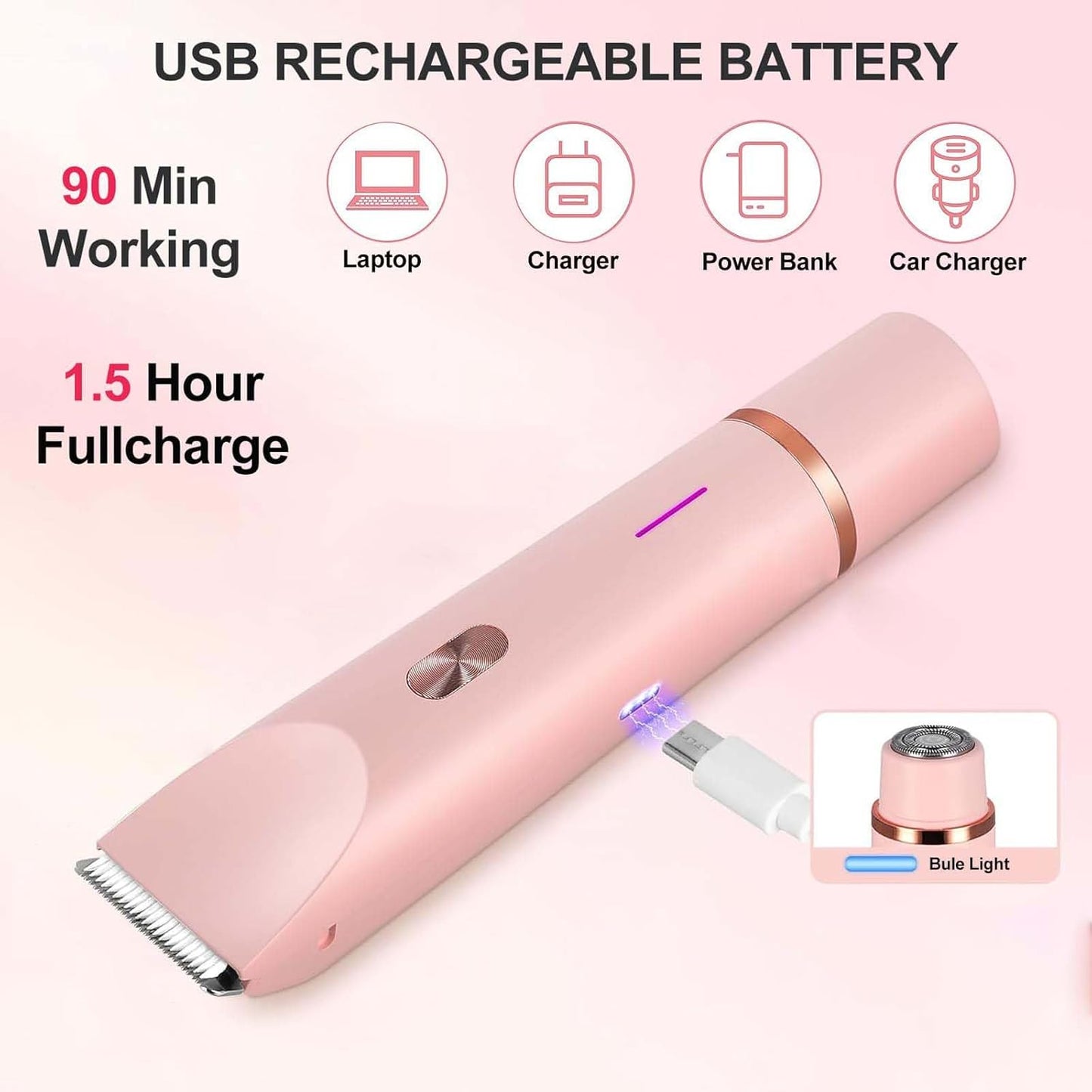 2-in-1 Women's Bikini Trimmer - Rechargeable, IPX7 Waterproof | Pain-Free for Face/Body/Sensitive Areas