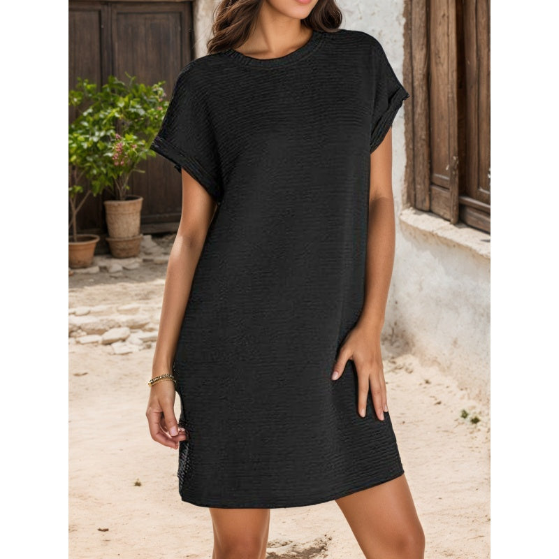??2025 New-??Women's Loose Roll Sleeve Pocket Solid Colour Dresses