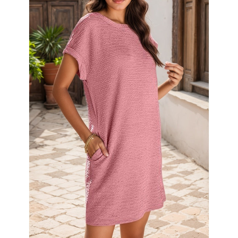 ??2025 New-??Women's Loose Roll Sleeve Pocket Solid Colour Dresses
