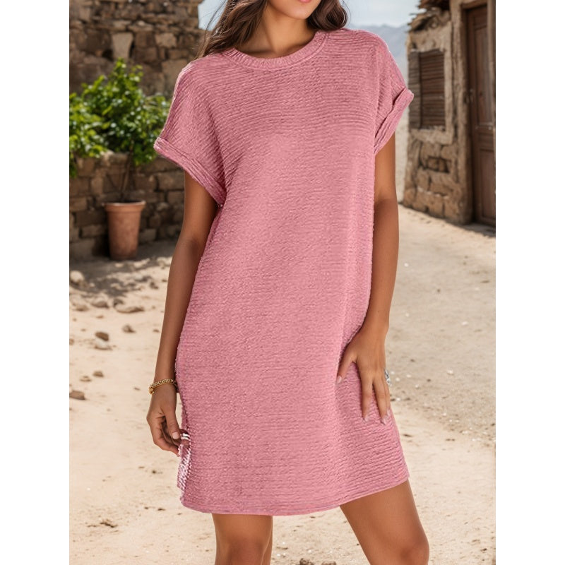 ??2025 New-??Women's Loose Roll Sleeve Pocket Solid Colour Dresses