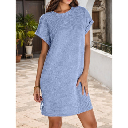 ??2025 New-??Women's Loose Roll Sleeve Pocket Solid Colour Dresses