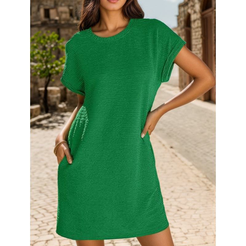 ??2025 New-??Women's Loose Roll Sleeve Pocket Solid Colour Dresses