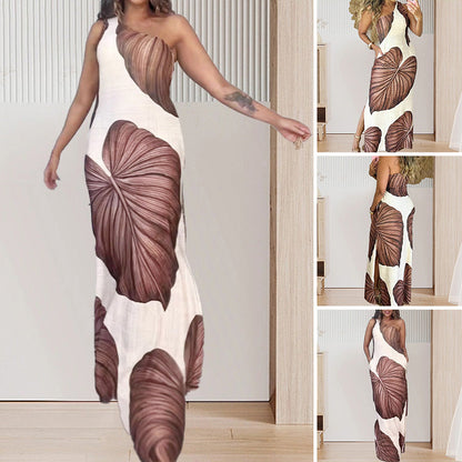 Time-limited Special Palm Print One-Shoulder Slim Maxi Dress